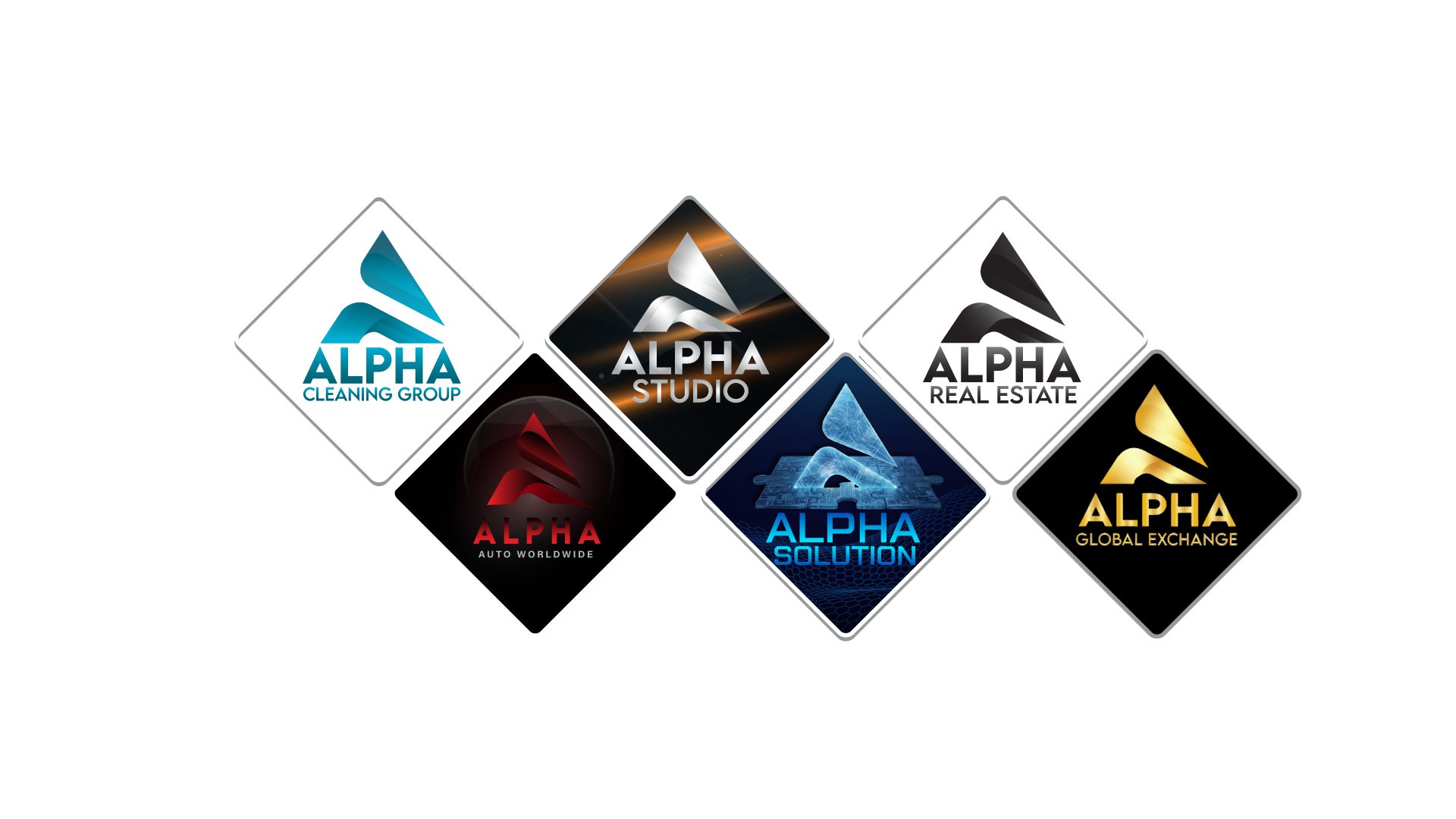Logot e gjashtë kompanive të Alpha Elite Group